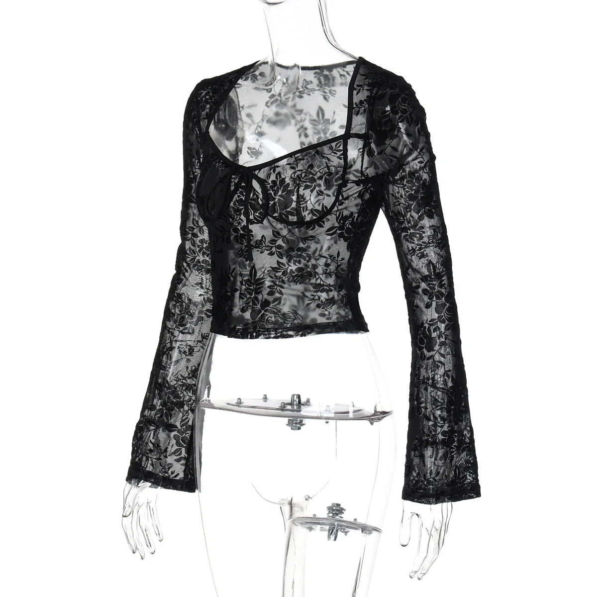 Long sleeve mesh see through v neck self tie top - Image 5