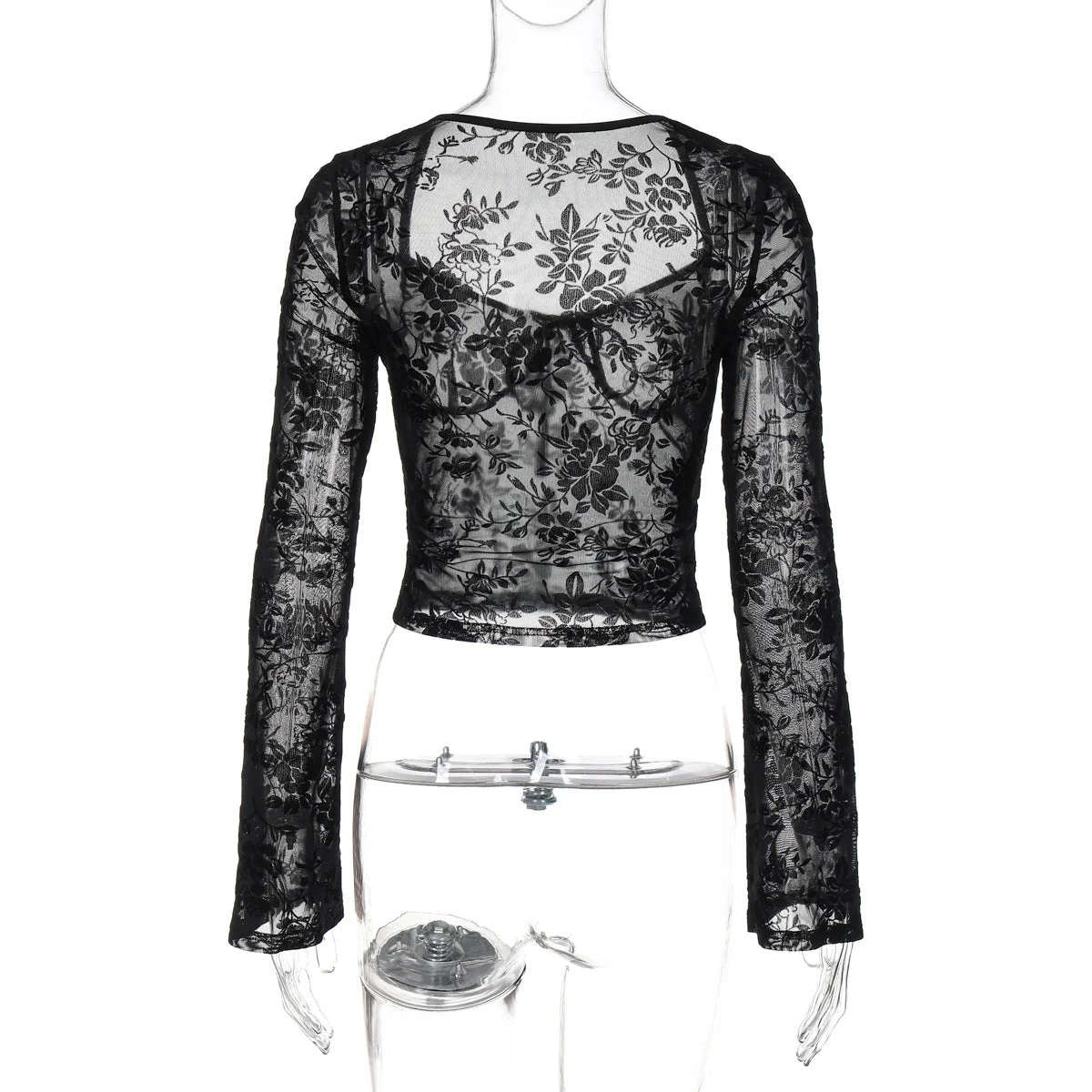 Long sleeve mesh see through v neck self tie top - Image 6