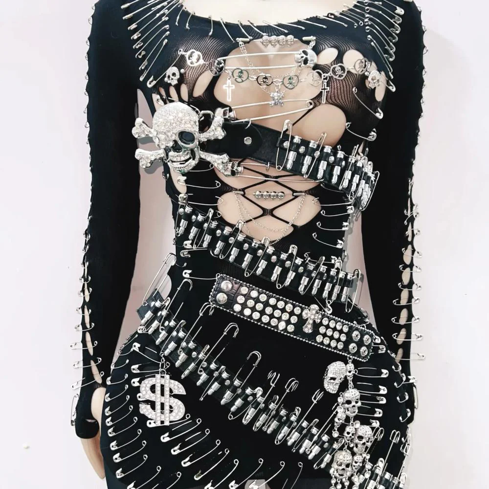 Long sleeve metal applique skull hollow out mini dress - Image 2
