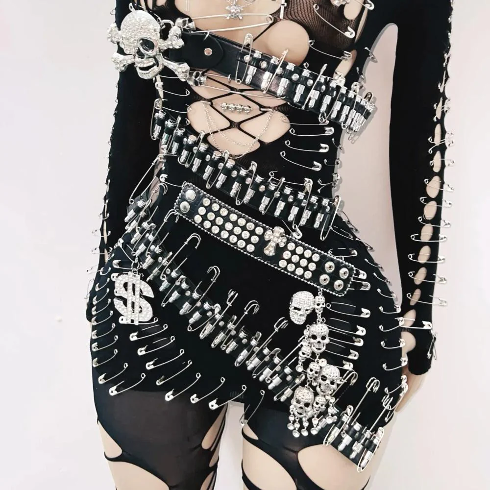 Long sleeve metal applique skull hollow out mini dress - Image 3