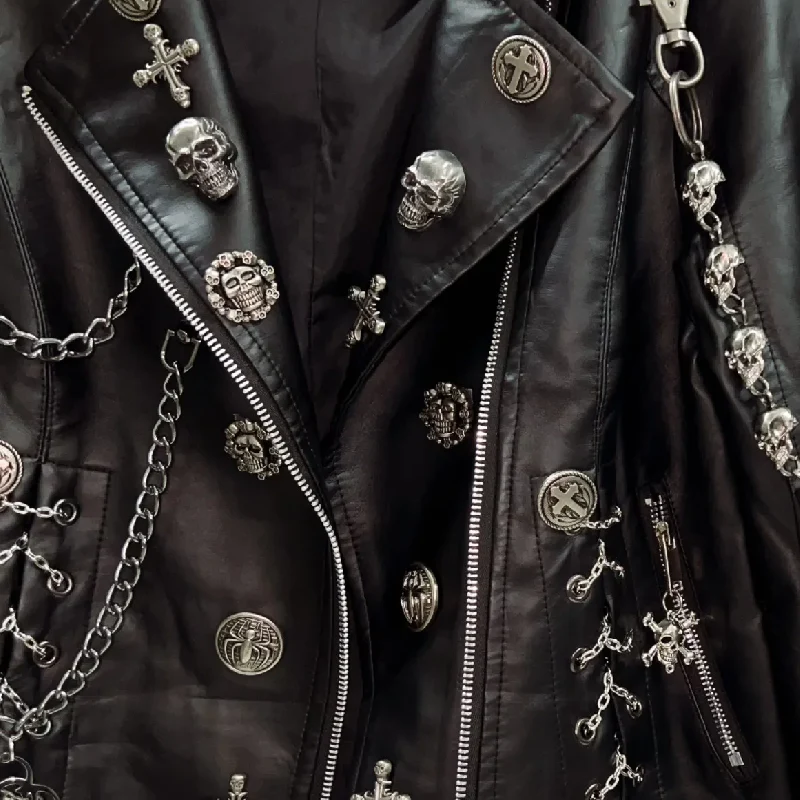 Long sleeve metal chain zip-up PU leather top - Image 6