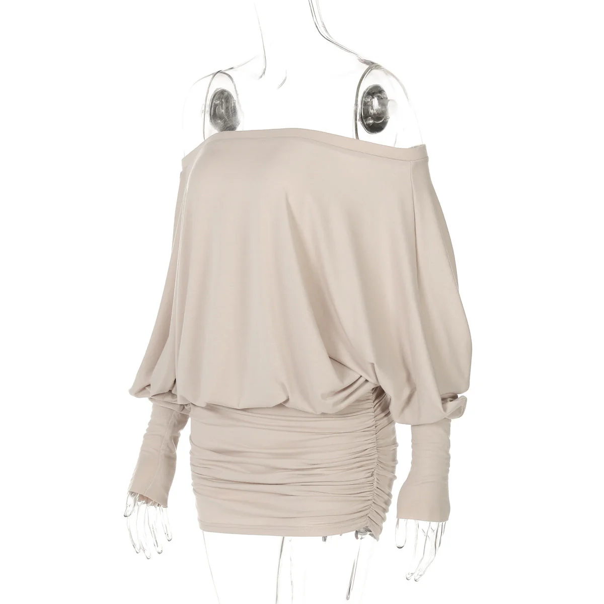 Long sleeve off shoulder ruched mini dress - Image 3