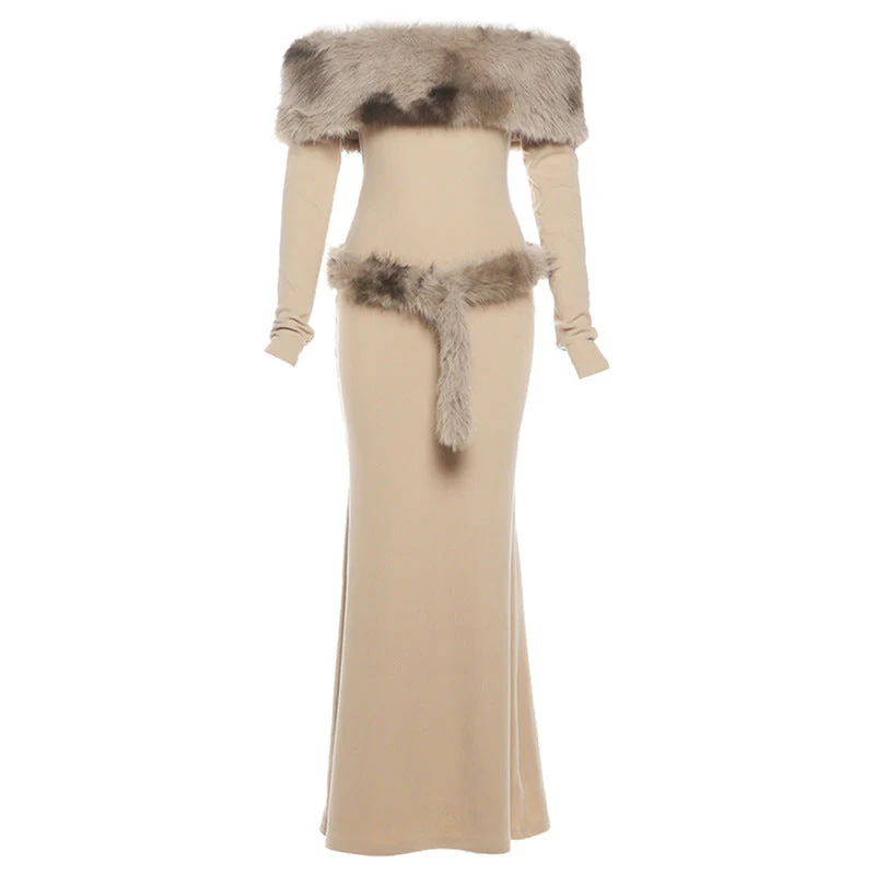Long sleeve off shoulder fluffy maxi dress - Image 2