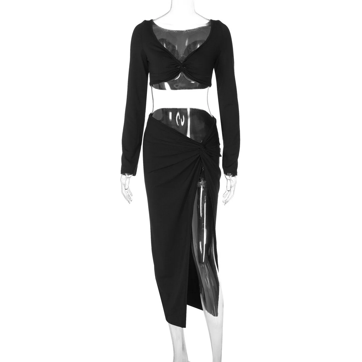 Long sleeve off shoulder high slit midi skirt set - Image 2