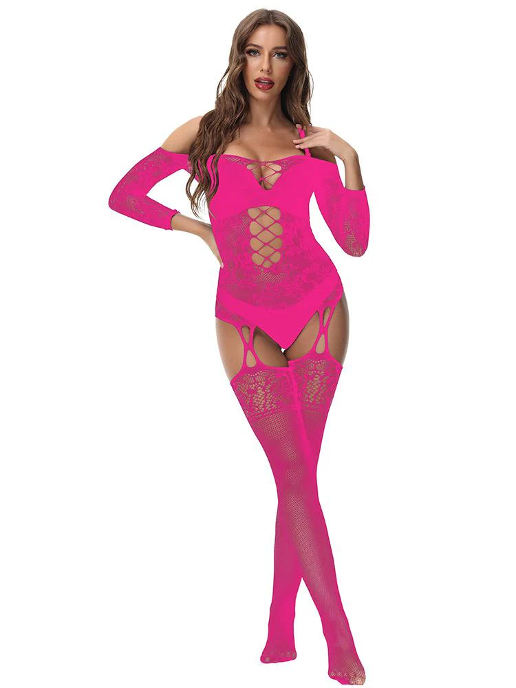 Long sleeve off shoulder lace fishnet strappy bodystocking - Image 7