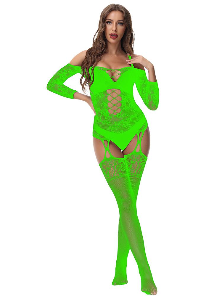 Long sleeve off shoulder lace fishnet strappy bodystocking - Image 9