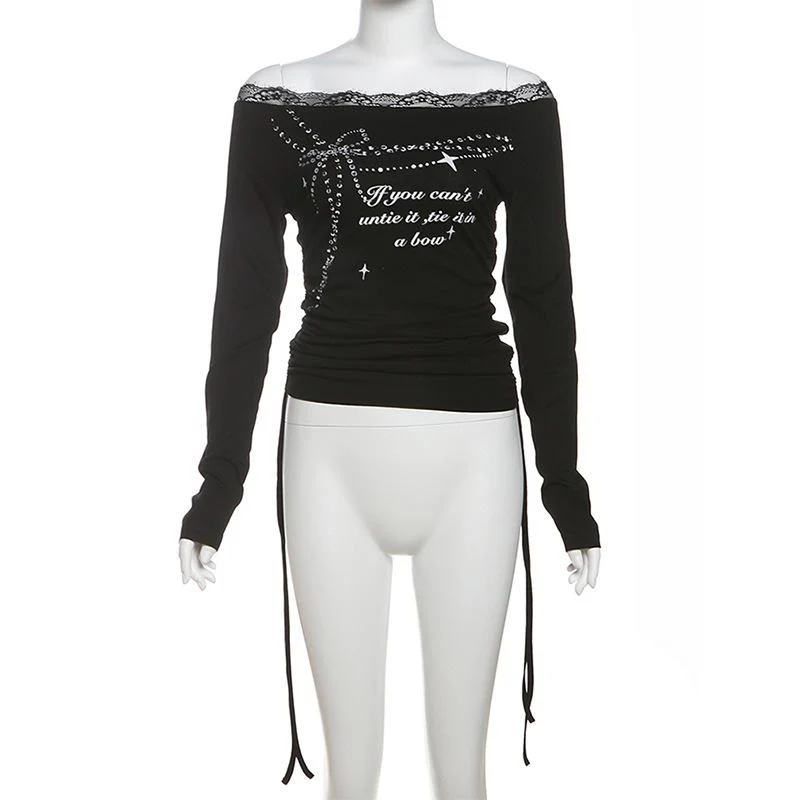 Long sleeve off shoulder lace hem print self tie top - Image 2
