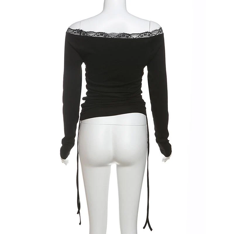 Long sleeve off shoulder lace hem print self tie top - Image 4
