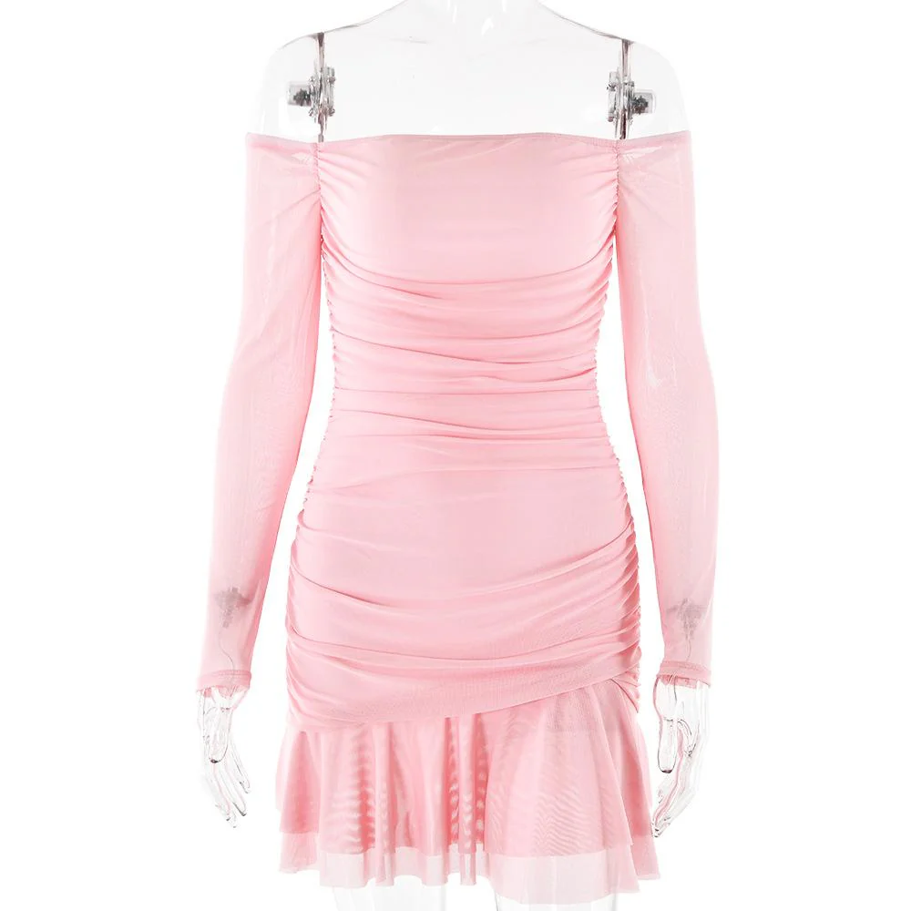 Long sleeve off shoulder ruched mesh mini dress - Image 2