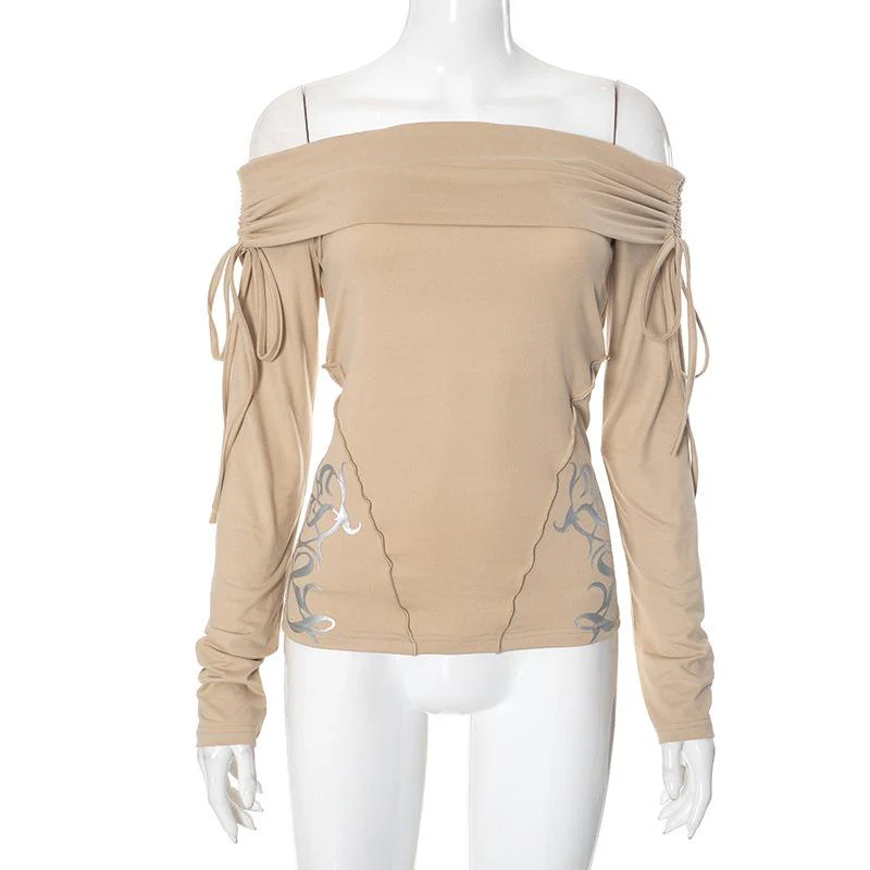 Long sleeve off shoulder ruched self tie stitch top - Image 3