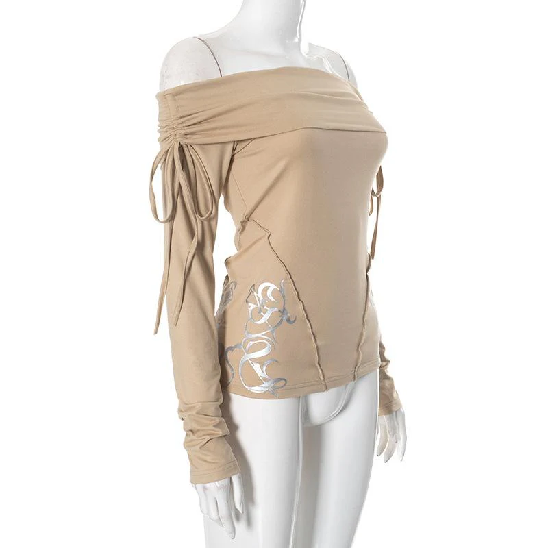 Long sleeve off shoulder ruched self tie stitch top - Image 4