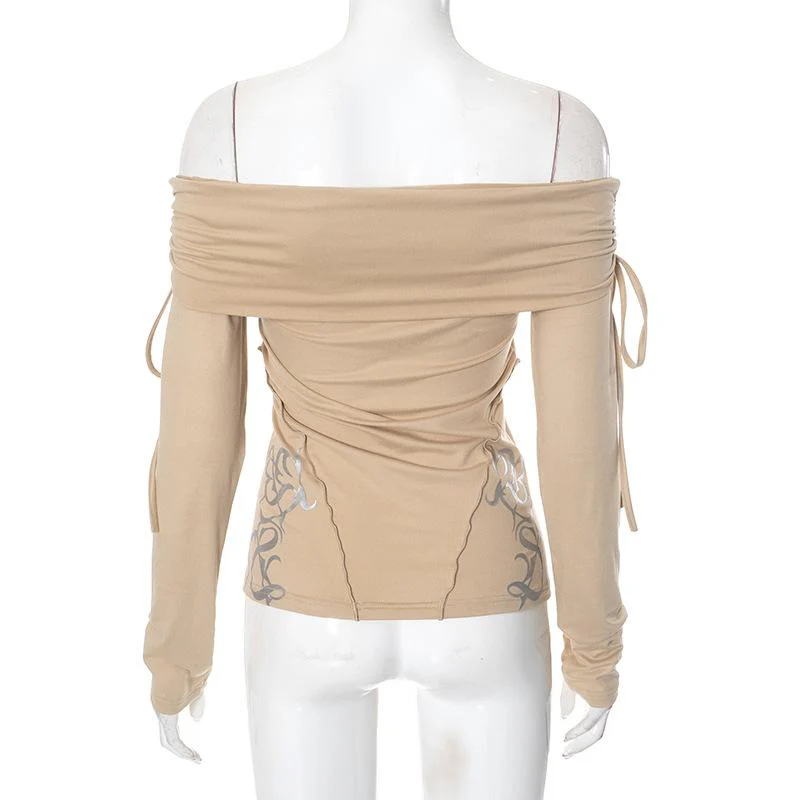Long sleeve off shoulder ruched self tie stitch top - Image 5