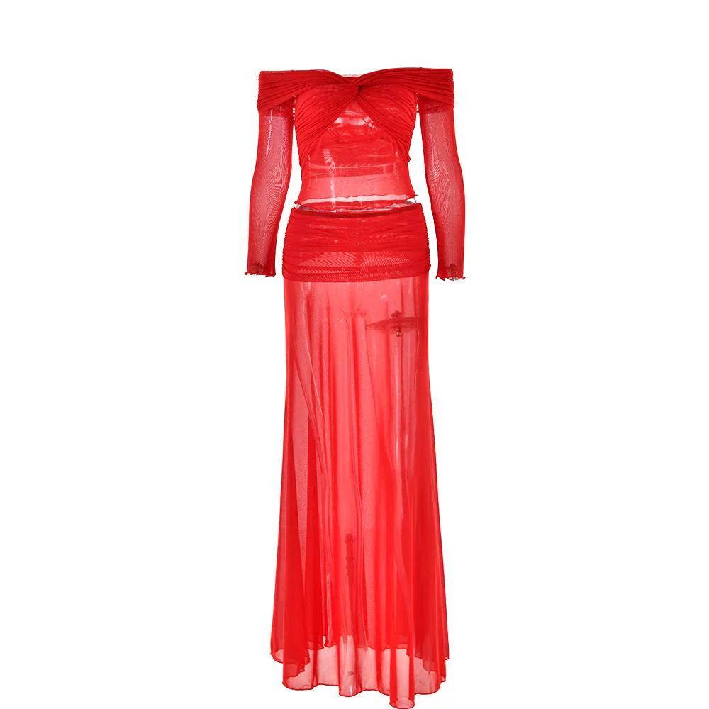 Long sleeve off shoulder sheer mesh maxi skirt set - Image 2