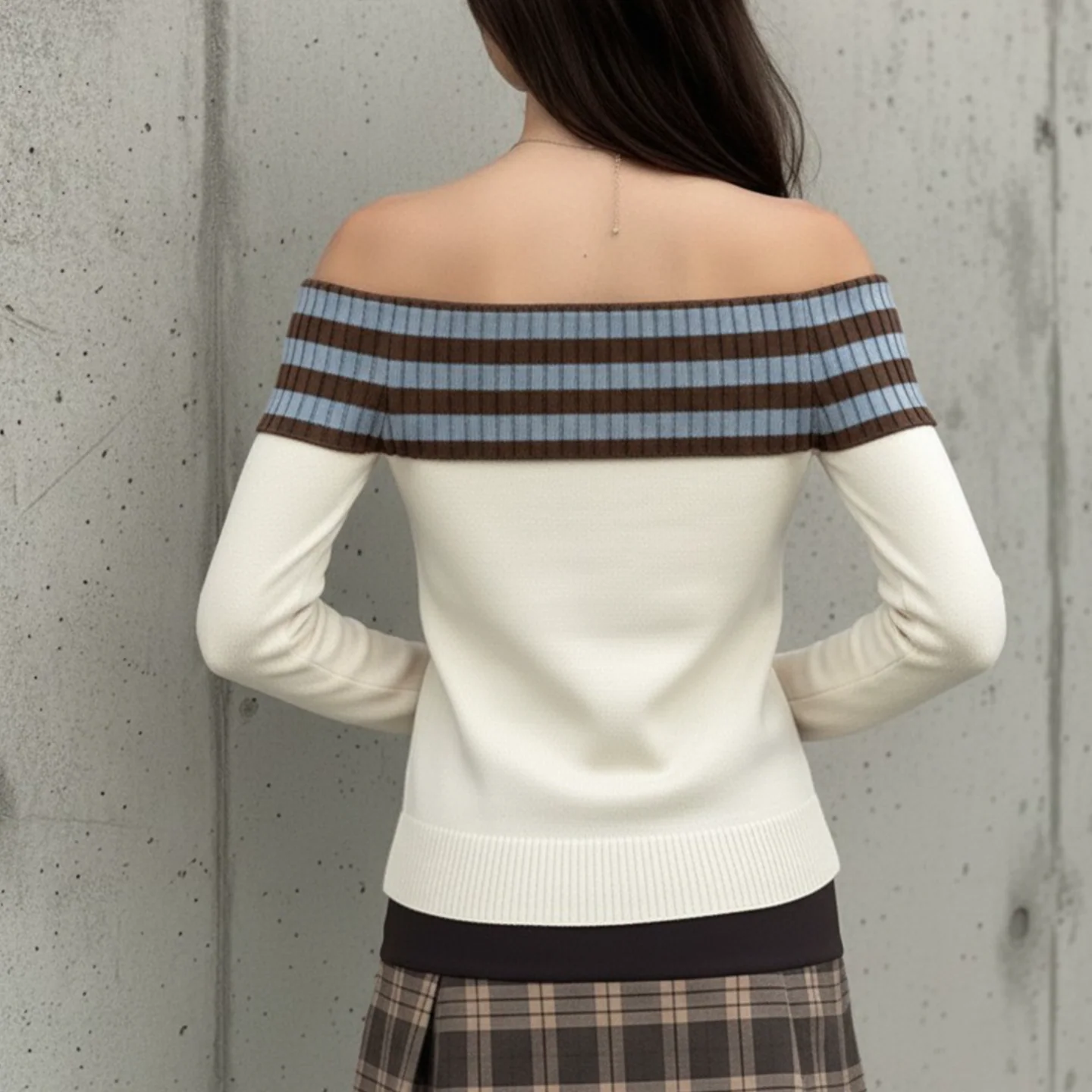 Long sleeve off shoulder striped print star pattern top - Image 2