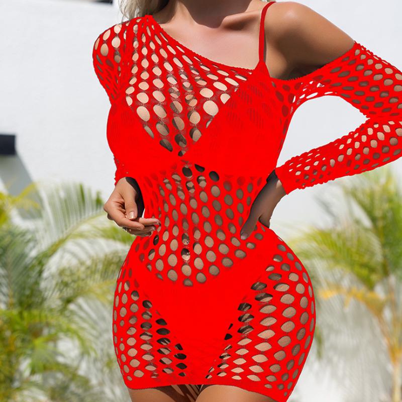 Long sleeve one shoulder net irregular mini dress - Image 8