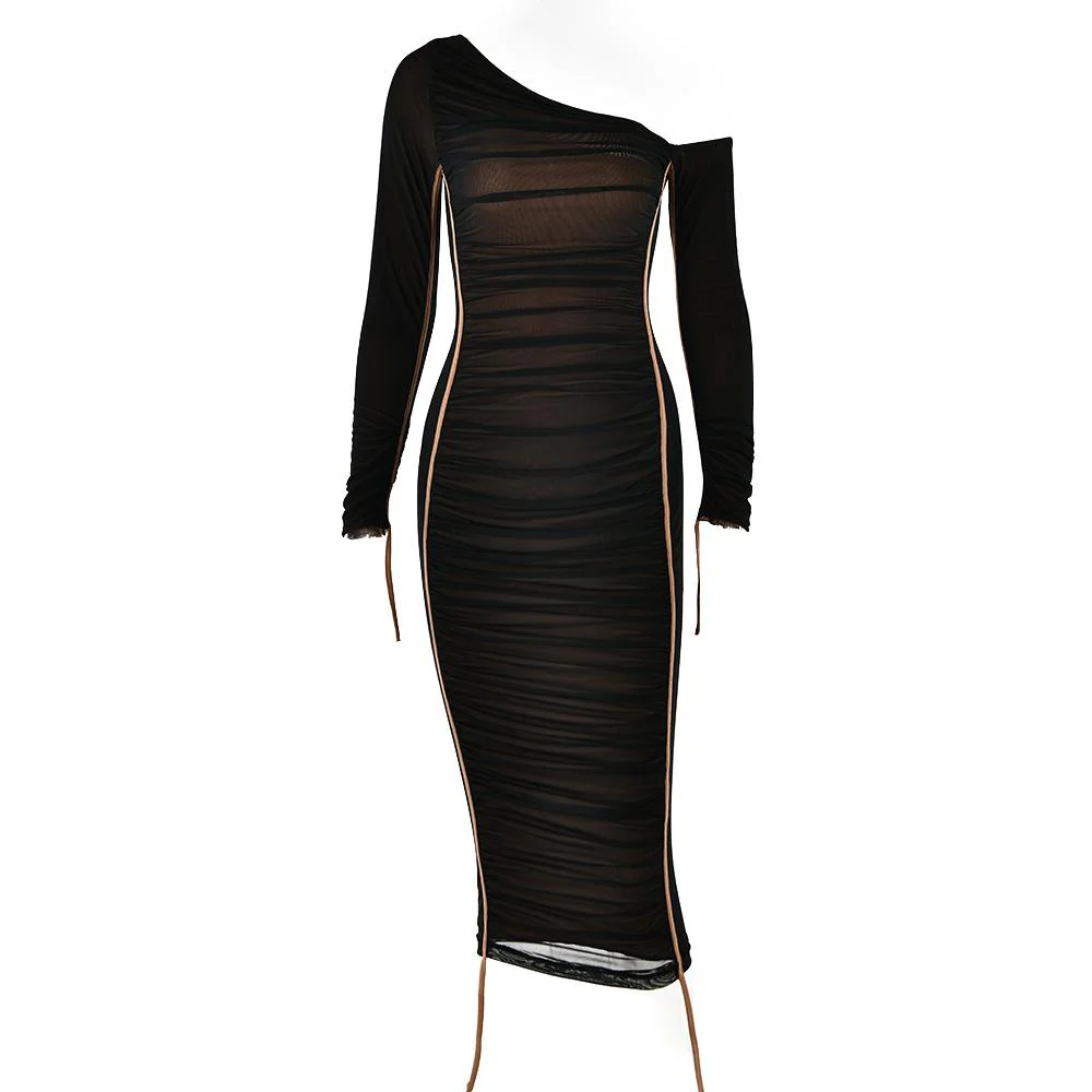 Long sleeve one shoulder ruched stitch mesh midi dress - Image 3