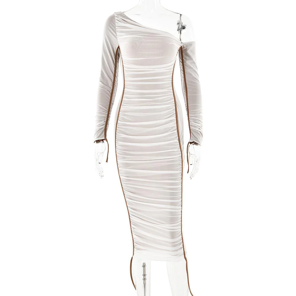 Long sleeve one shoulder ruched stitch mesh midi dress - Image 4