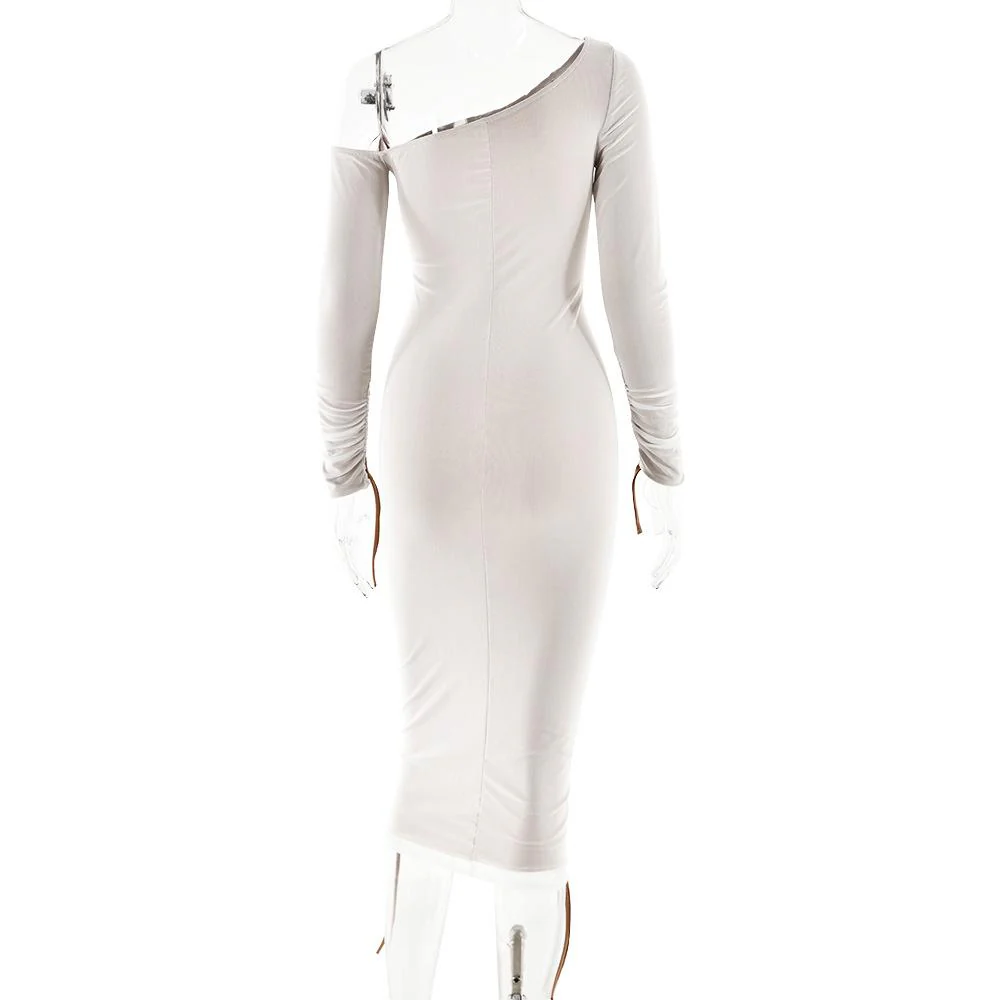 Long sleeve one shoulder ruched stitch mesh midi dress - Image 6