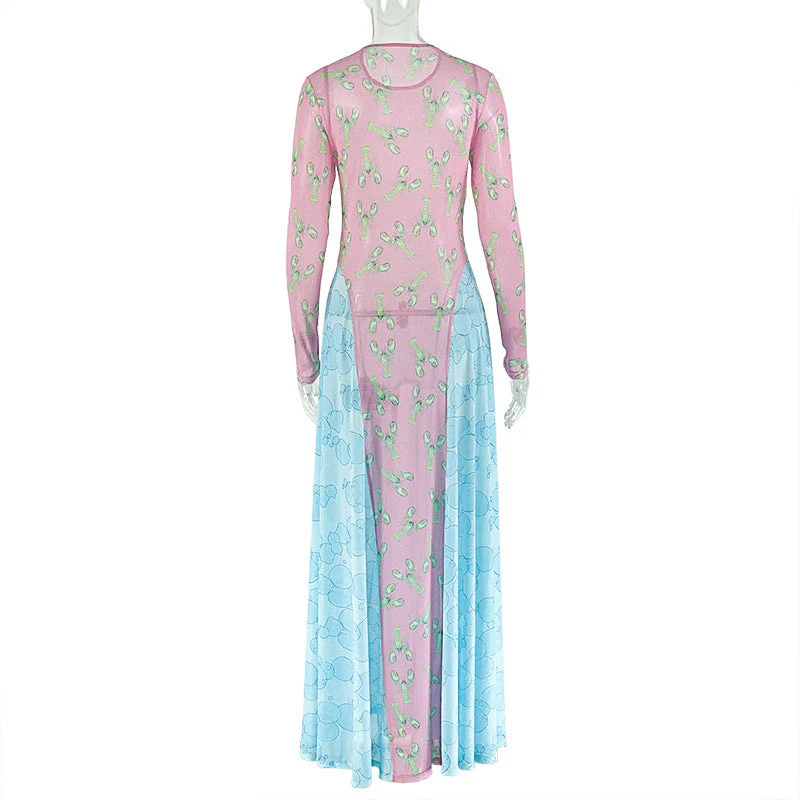 Long sleeve print crewneck mesh maxi dress - Image 4