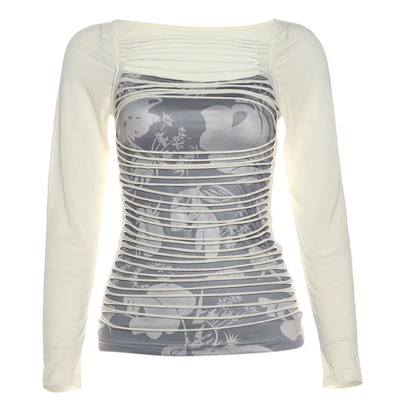 Long sleeve print hollow out contrast top - Image 2
