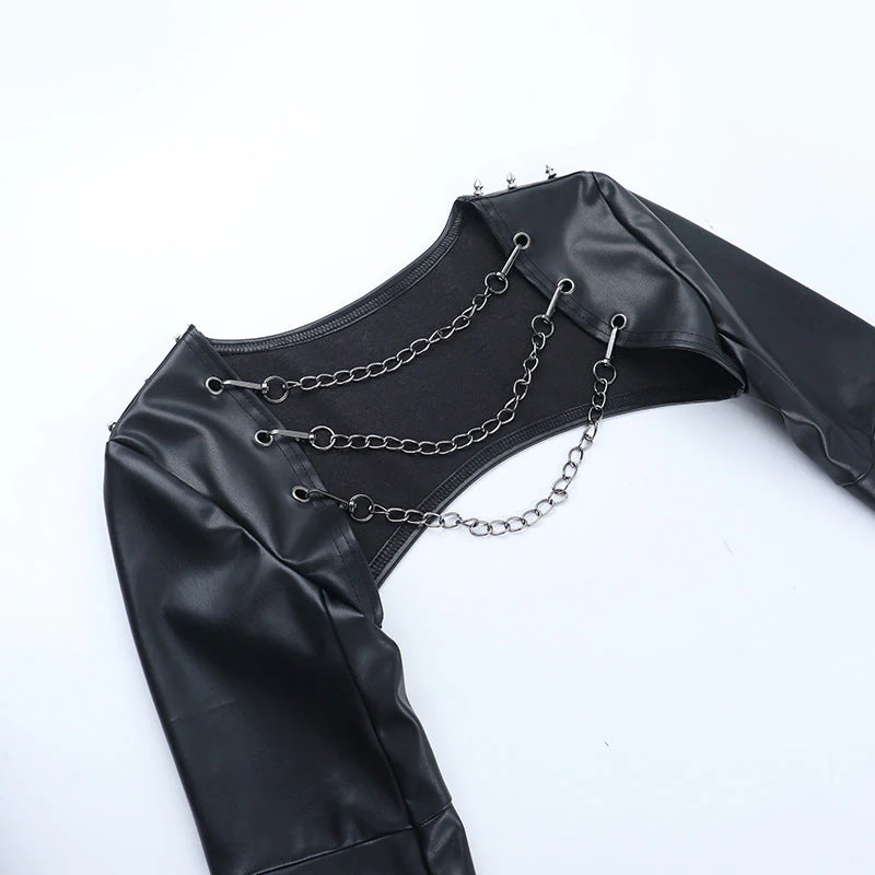 Long sleeve PU leather metal chain shrug top - Image 5