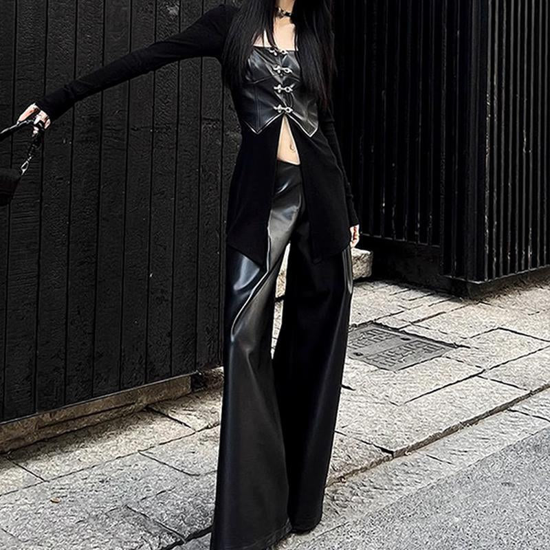 Long sleeve PU leather patchwork ribbed slit top - Image 3
