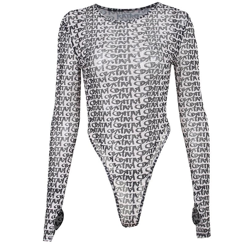 Long sleeve round neck contrast print sheer mesh gloves bodysuit y2k 90s Revival Techno Fashion - Image 3