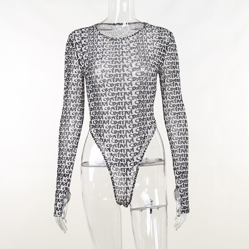 Long sleeve round neck contrast print sheer mesh gloves bodysuit y2k 90s Revival Techno Fashion - Image 4