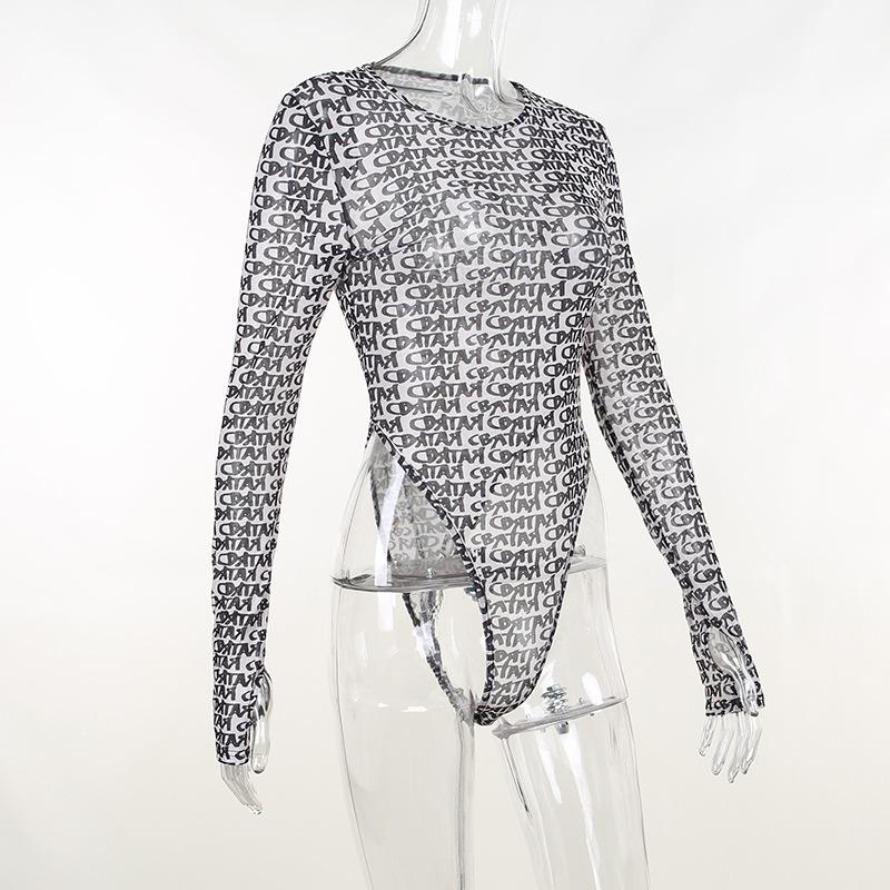 Long sleeve round neck contrast print sheer mesh gloves bodysuit y2k 90s Revival Techno Fashion - Image 5