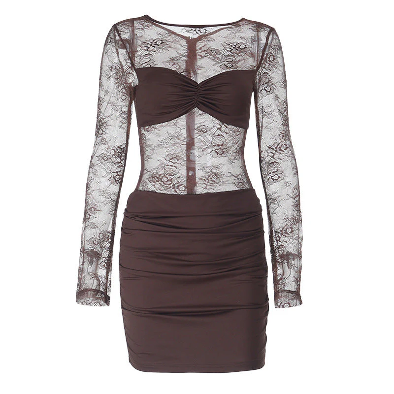 Long sleeve ruched lace zip-up mini dress