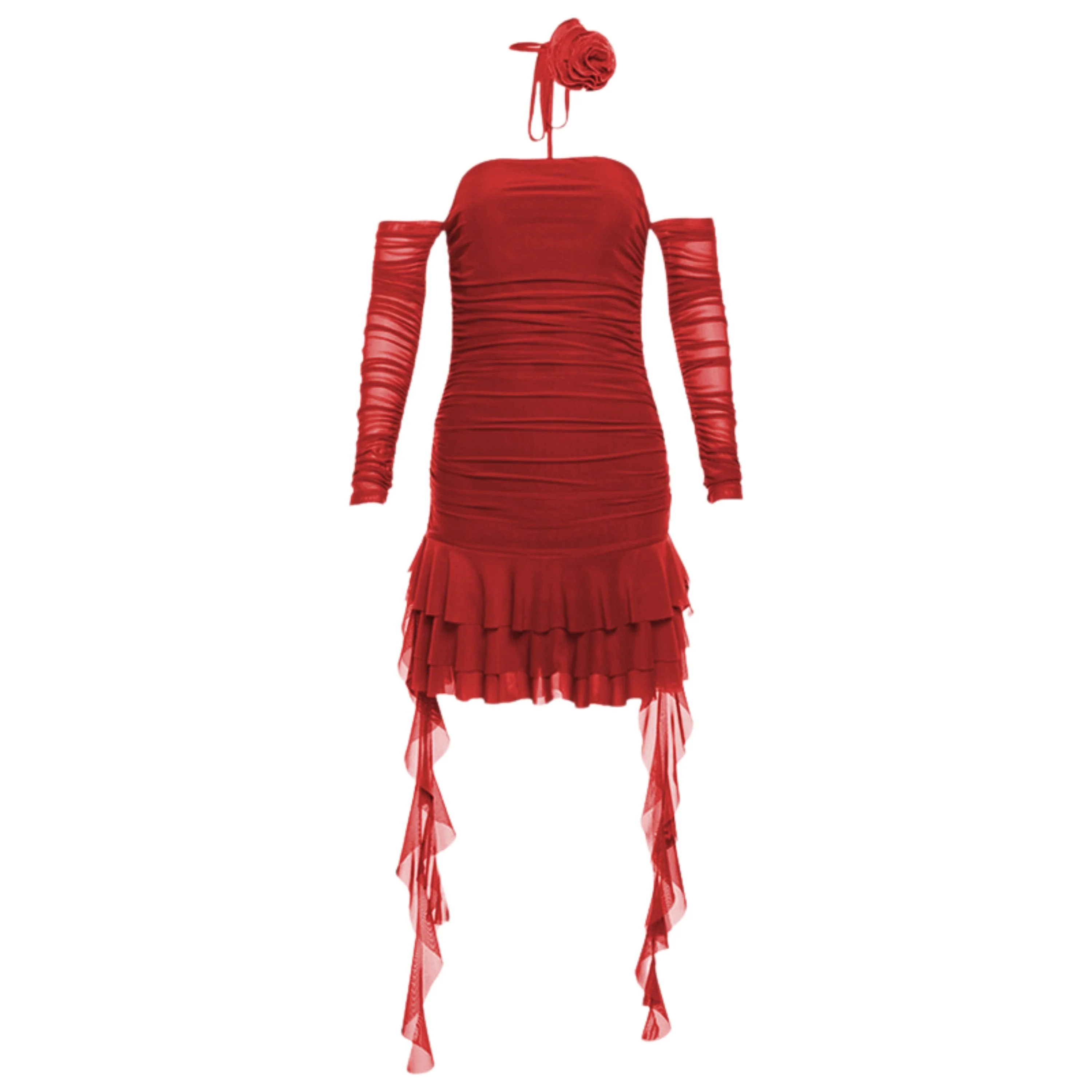 Long sleeve sheer mesh flower applique mini dress - Image 3