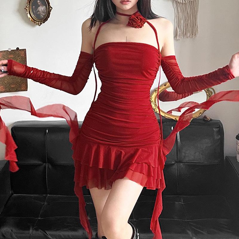 Long sleeve sheer mesh flower applique mini dress - Image 4