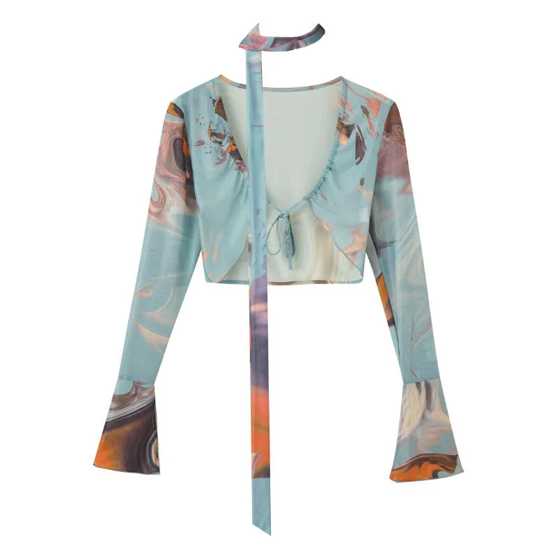 Long sleeve shrug ruched ripple print cowl neck cami top - Image 5