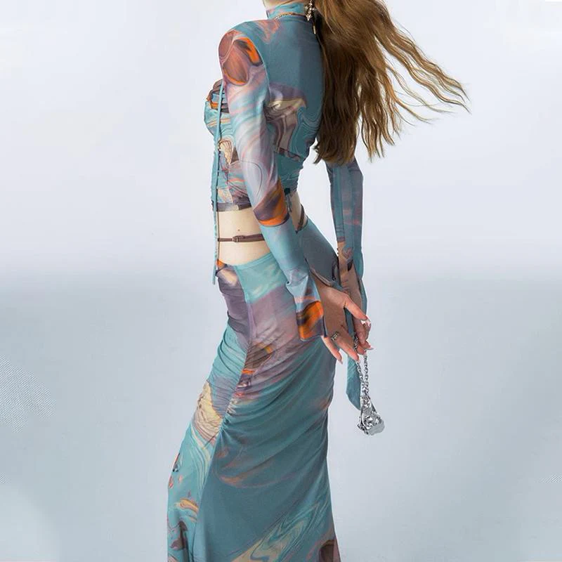 Long sleeve shrug ruched ripple print cowl neck cami top - Image 7