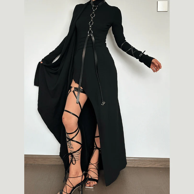 Long sleeve slit high neck solid maxi dress - Image 3