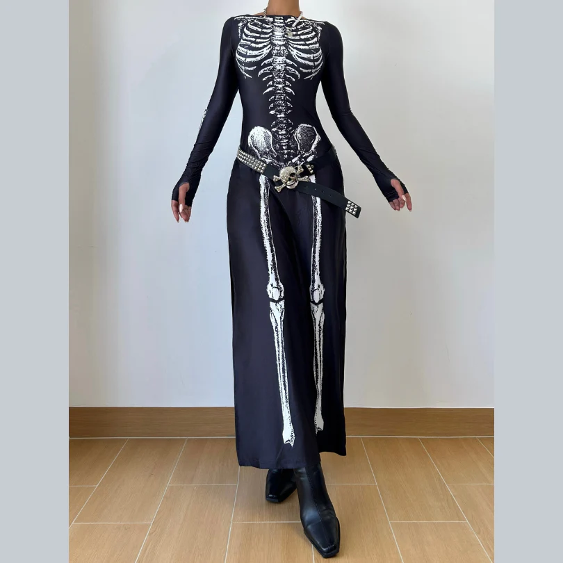 Long sleeve slit human skeleton print maxi dress - Image 2
