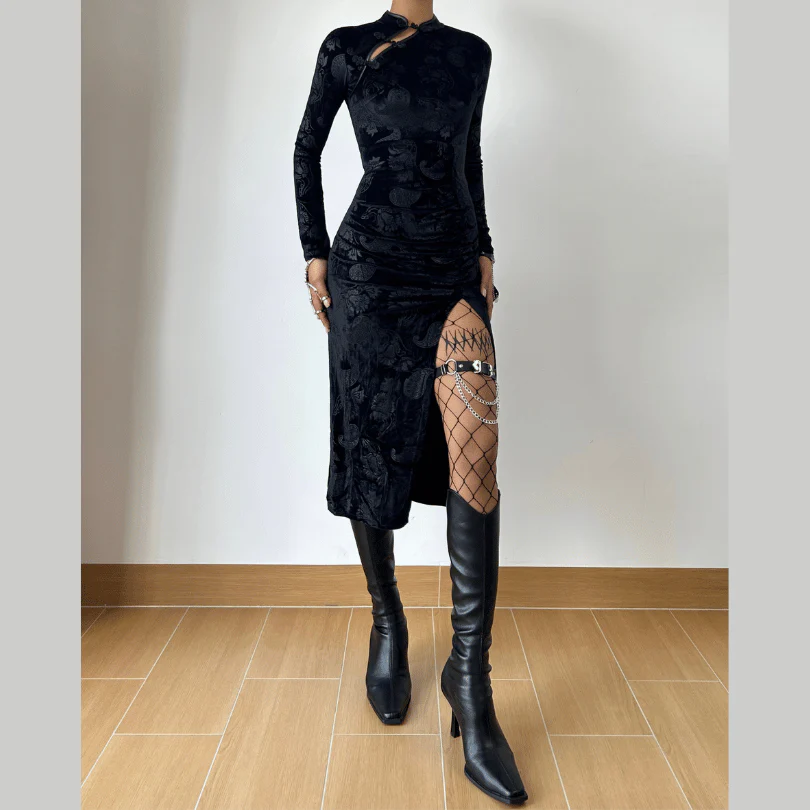 Long sleeve slit ruched irregular print midi dress - Image 2