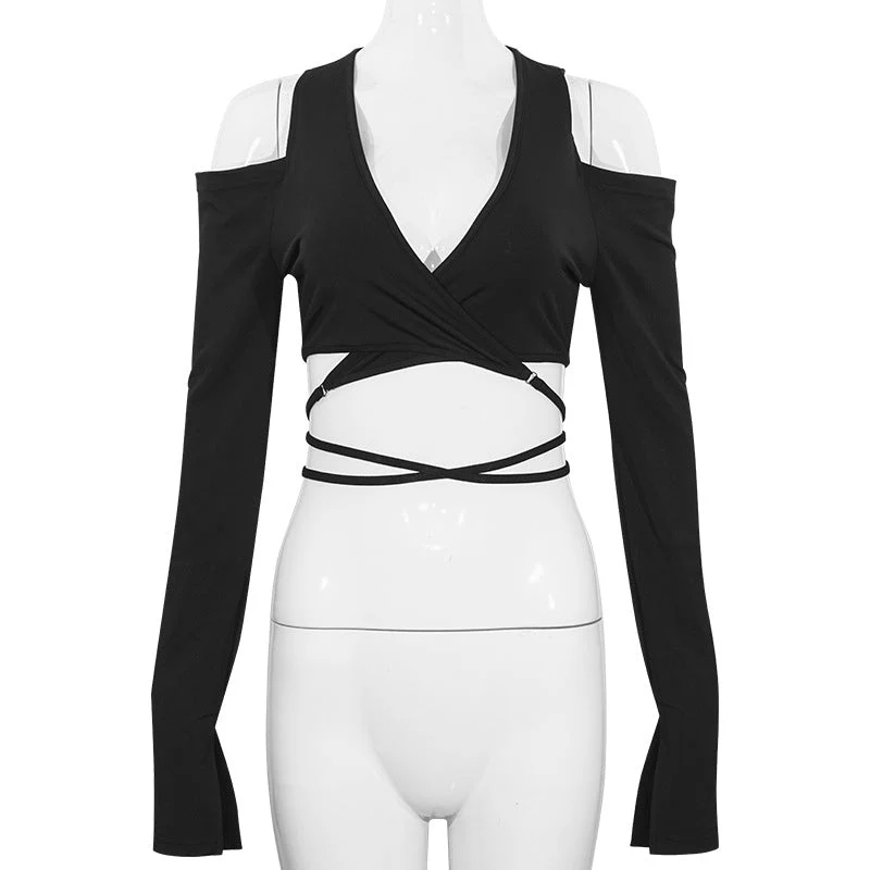 Long sleeve slit v neck off shoulder self tie crop top - Image 2