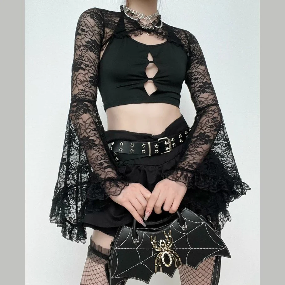Solid flared sleeve lace hem button hollow out shrug top goth Alternative Darkwave Fashion goth Emo Darkwave Fashion - Image 3