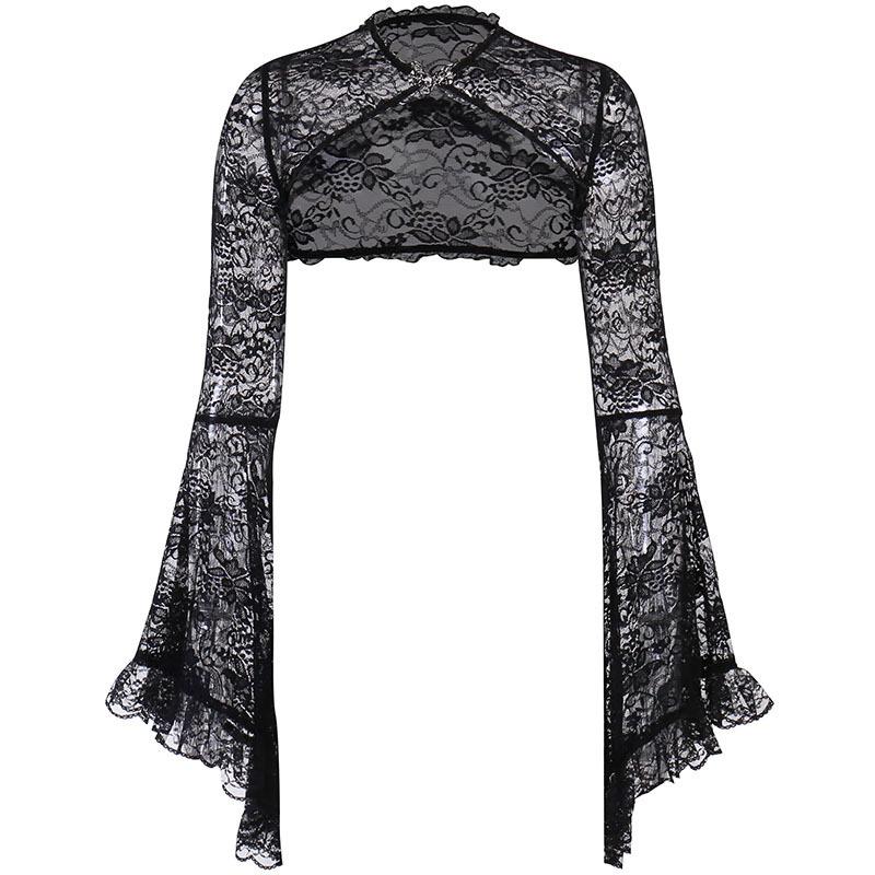 Solid flared sleeve lace hem button hollow out shrug top goth Alternative Darkwave Fashion goth Emo Darkwave Fashion - Image 4