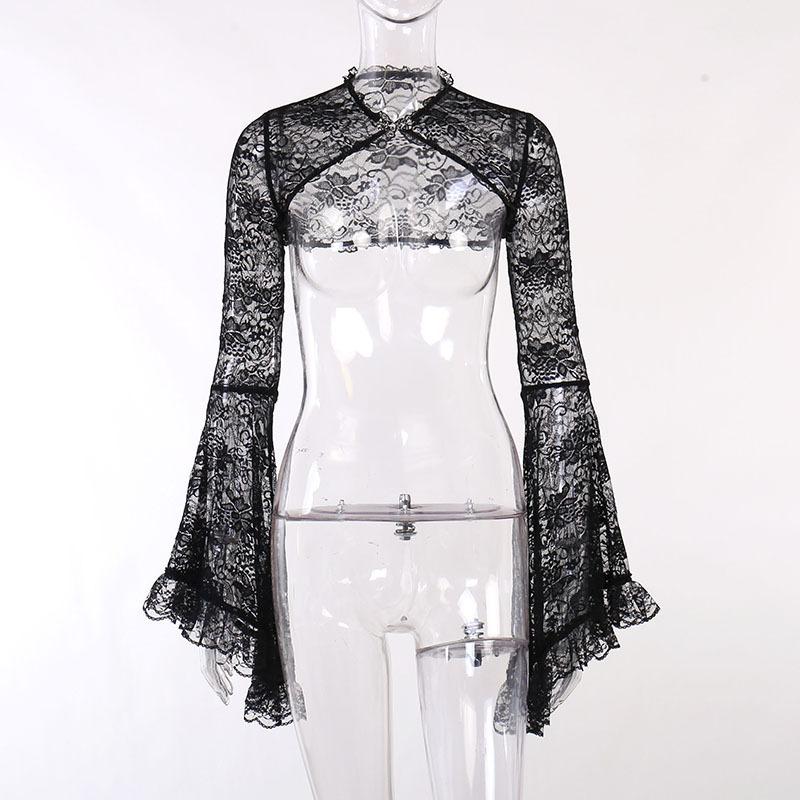 Solid flared sleeve lace hem button hollow out shrug top goth Alternative Darkwave Fashion goth Emo Darkwave Fashion - Image 5