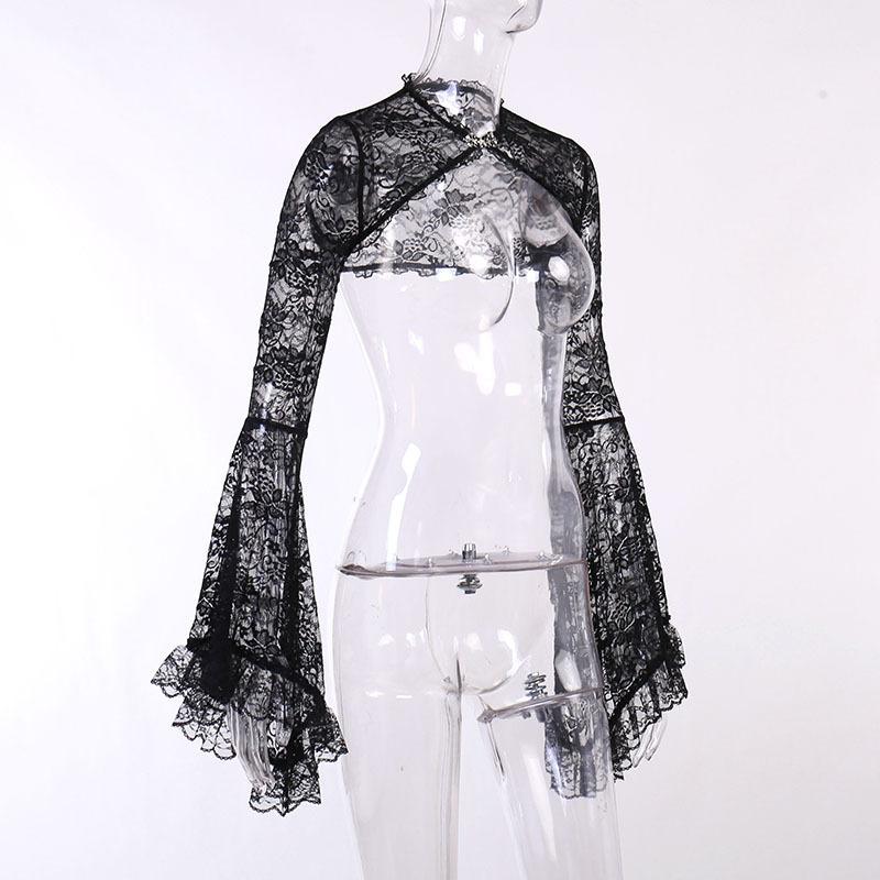 Solid flared sleeve lace hem button hollow out shrug top goth Alternative Darkwave Fashion goth Emo Darkwave Fashion - Image 6