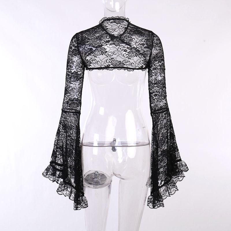 Solid flared sleeve lace hem button hollow out shrug top goth Alternative Darkwave Fashion goth Emo Darkwave Fashion - Image 7