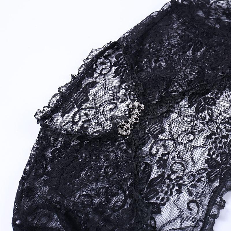 Solid flared sleeve lace hem button hollow out shrug top goth Alternative Darkwave Fashion goth Emo Darkwave Fashion - Image 9