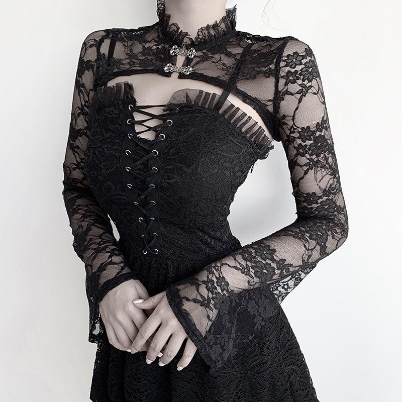 Long sleeve solid high neck metal button lace hem shrug top goth Alternative Darkwave Fashion goth Emo Darkwave Fashion - Image 4