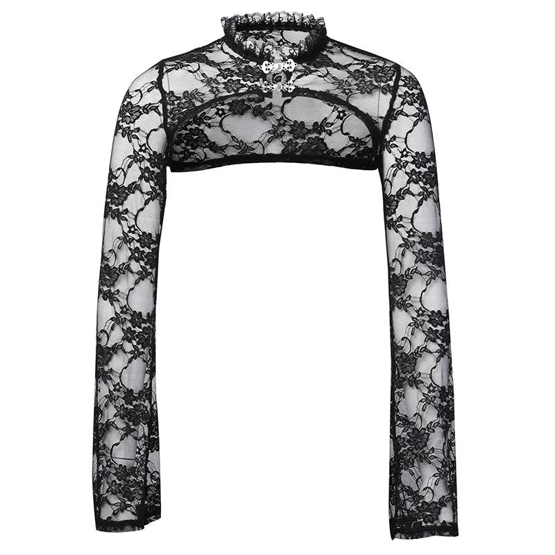 Long sleeve solid high neck metal button lace hem shrug top goth Alternative Darkwave Fashion goth Emo Darkwave Fashion - Image 5