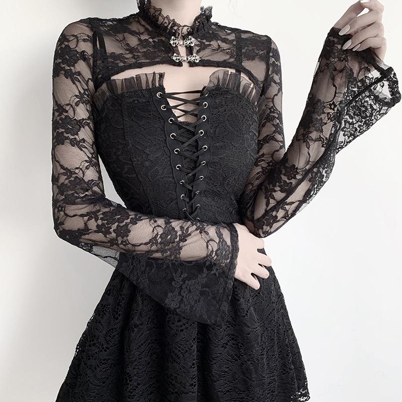 Long sleeve solid high neck metal button lace hem shrug top goth Alternative Darkwave Fashion goth Emo Darkwave Fashion - Image 6