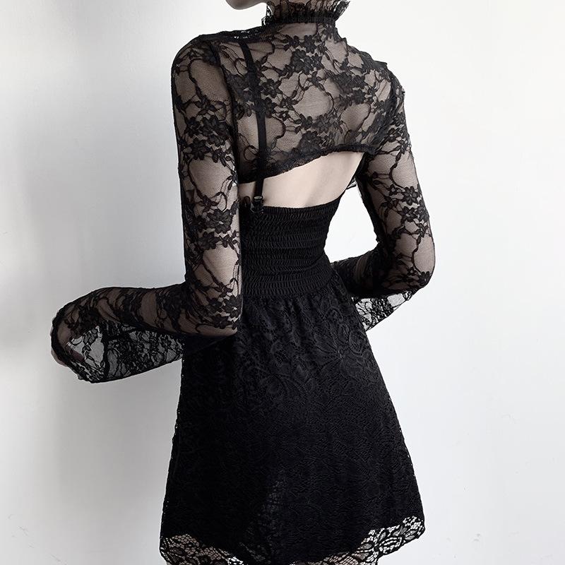 Long sleeve solid high neck metal button lace hem shrug top goth Alternative Darkwave Fashion goth Emo Darkwave Fashion - Image 7