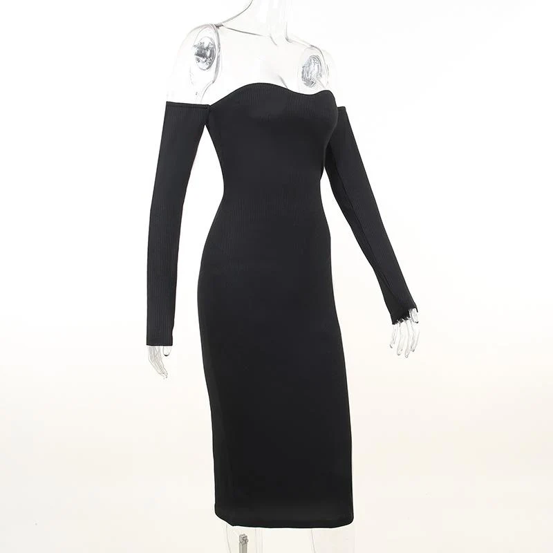 Long sleeve solid ribbed off shoulder backless tube dress - Image 3