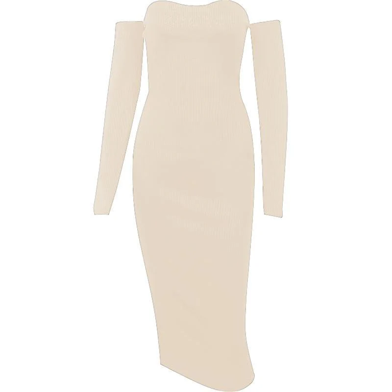 Long sleeve solid ribbed off shoulder backless tube dress - Image 8